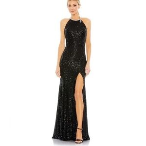 Mac Duggal NWT Black Sequin Rhinestone Neck Open Back High Slit Dress Size 10